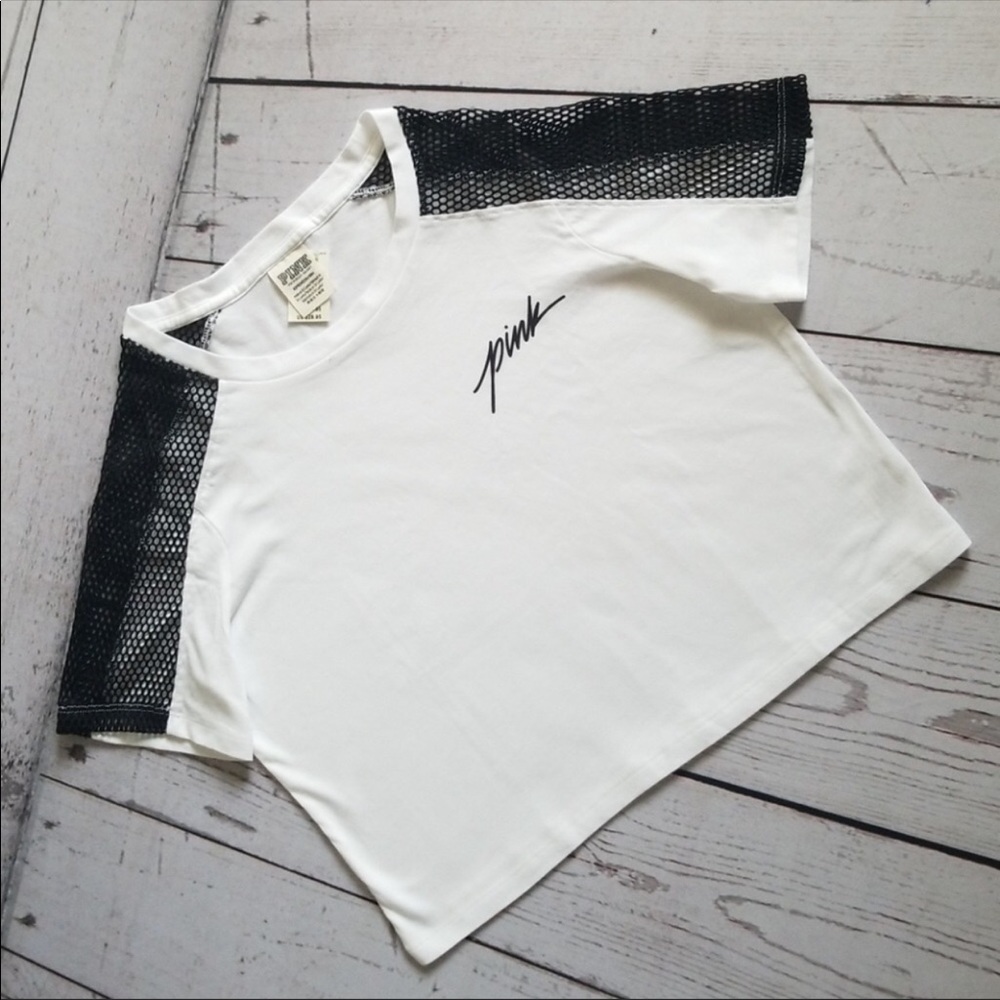 PINK White Crop Top with Mesh shoulders XS